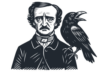 Vintage linocut vector portrait of Edgar Allan Poe with a raven perched on his shoulder. Monochrome literary gothic art. Iconic American author.