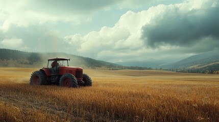 Red tractor working a golden field under a dramatic sky