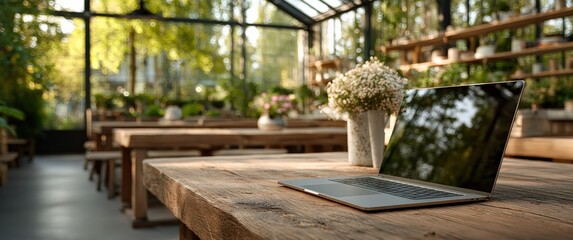 Open laptop computer placed on rustic wooden table in bright, airy greenhouse cafe, ideal workspace for remote worker seeking natural environment