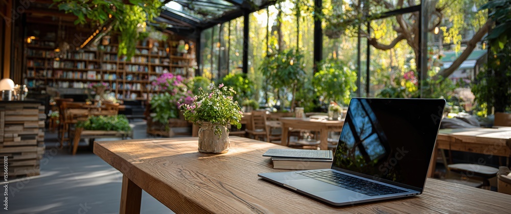 Poster laptop and notebook resting on a wooden table in a stylish cafe filled with greenery, promoting a tr