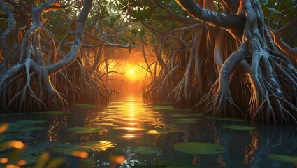 Naklejka premium Sunrise through a mangrove forest canopy, showcasing aerial roots and tranquil water.