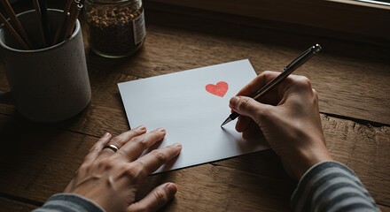 Person Writing Love Letter with Heart on Wooden Table Indoors