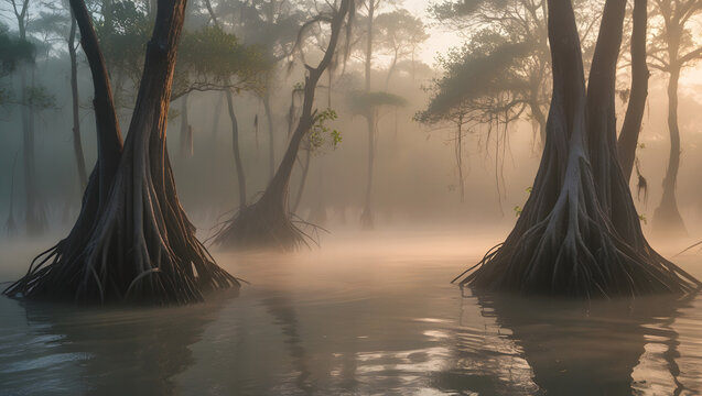 Misty sunrise over a cypress swamp, showcasing the unique tree roots and tranquil water.