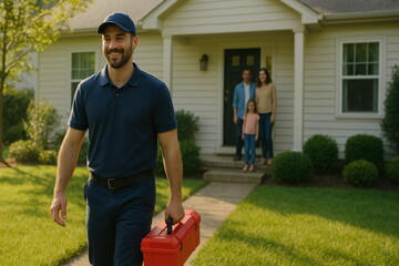 Friendly technician arrives with toolbox to assist family in their home improvement project