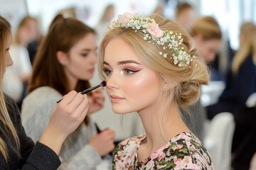 Makeup artist perfecting a bridal look at a beauty event