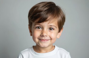 Cheerful young boy smiling directly at camera. Portrait of cute kid with brown hair and eyes. Happy child wearing white t-shirt posing in studio, shows positive emotion. Joyful childhood memories.