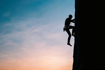 Person climbs a rock face against a colorful sky at sunset