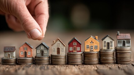Miniature houses arranged on growing stacks of coins, symbolizing increasing property values and investment in the housing market