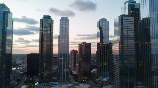 Fast-paced timelapse of city skyscrapers at golden hour, lights turning on, clouds moving fast &mdash; urban, modern business center