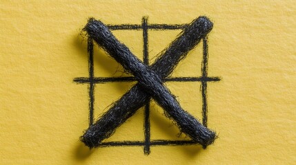 Abstract Black Yarn X Cross on Yellow Grid Background