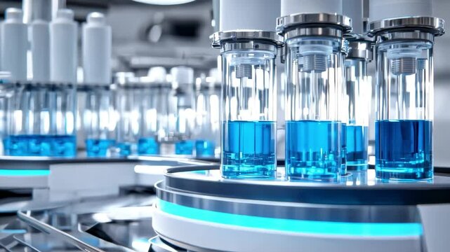 Close-up of Automated Liquid Filling on Modern Pharmaceutical Production Line