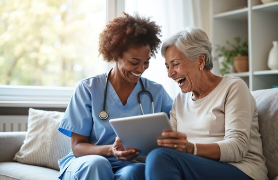 Happy nurse shows senior woman tablet computer. Elderly lady laughs. African American doctor explains health tech. Retirement home, home care, health care assistance, digital support.