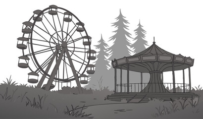 colorfull scene  Abandoned amusement park with Ferris wheel and carousel in a spooky forest landscape for Halloween. Horrifying dystopian atmosphere.  
