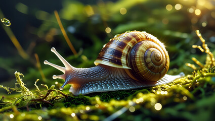 A garden snail glides across vibrant green moss, sunlight illuminating its shell and glistening dew drops.