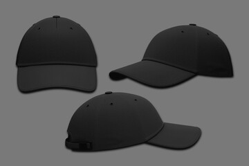 Black baseball cap set  mockup isolated on a grey and transparent background, front view, and side view. 3d rendering.