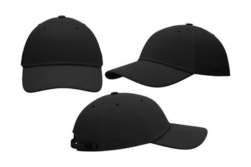 Black baseball cap set  mockup isolated on a grey and transparent background, front view, and side view. 3d rendering.