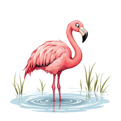 Vsai pink flamingo standing in water with grass around
