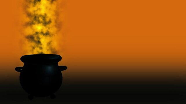 Witches cauldron with smoke and fire on orange background