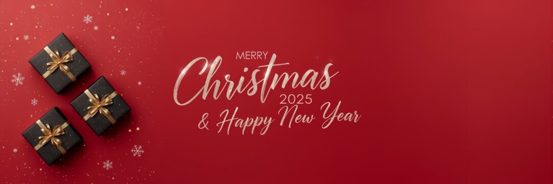 Christmas themed backgrounds and banners with simple and premium designs,Red Christmas background with black Christmas gifts tied with red ribbon,Merry Christmas 2025 and Happy New Year Greetings