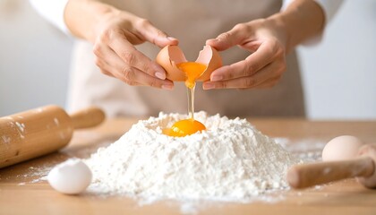 Woman cracking an egg into flour with baking a cake or bread, and home cooking.