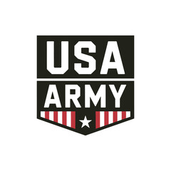 Vector illustration of USA army badge emblem with star and stripes inside shield, featuring white black and red colors
