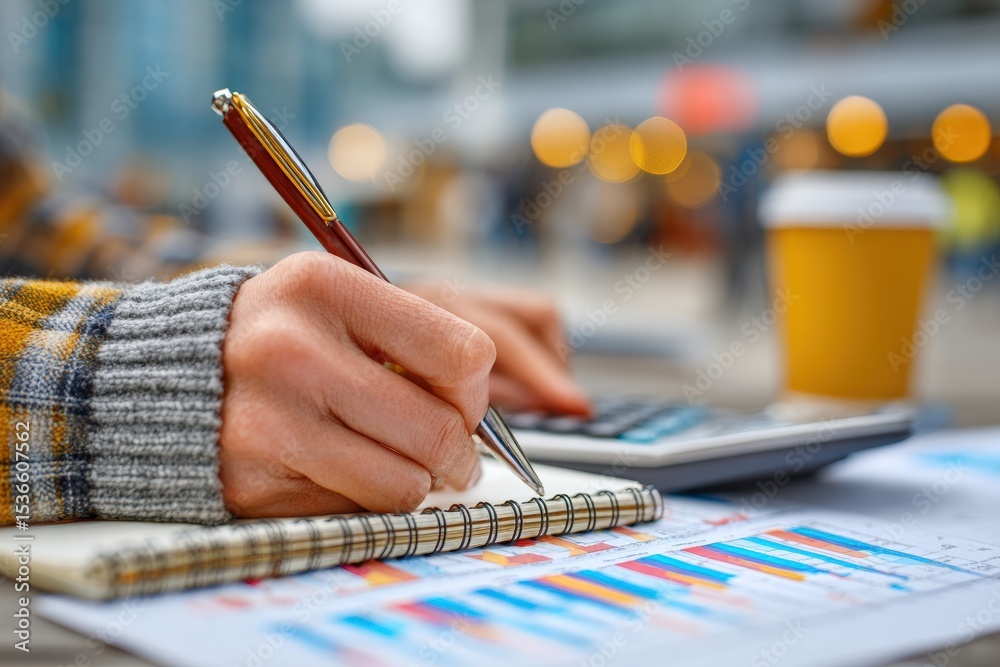 Poster Hands writing notes on a notebook with a pen and using a calculator on top of financial charts