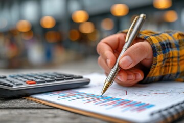 Close up of female hand holding pen, pointing at colorful graph on notebook, with calculator nearby, in outdoor setting