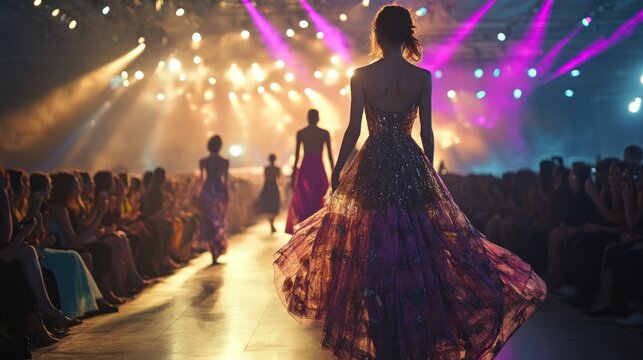 Models in elegant gowns on a fashion show stage - Powered by Adobe