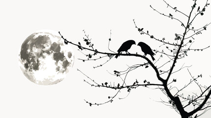 Fototapeta premium Silhouette of Loving birds perched on a branch of a tree over the full moon , black silhouettes isolated on white background