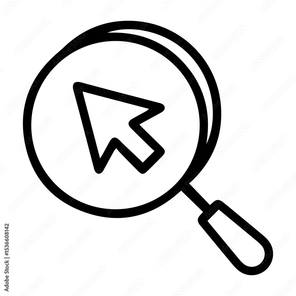 Poster outline style image depicts a magnifying glass with an arrow-shaped computer cursor visible through 