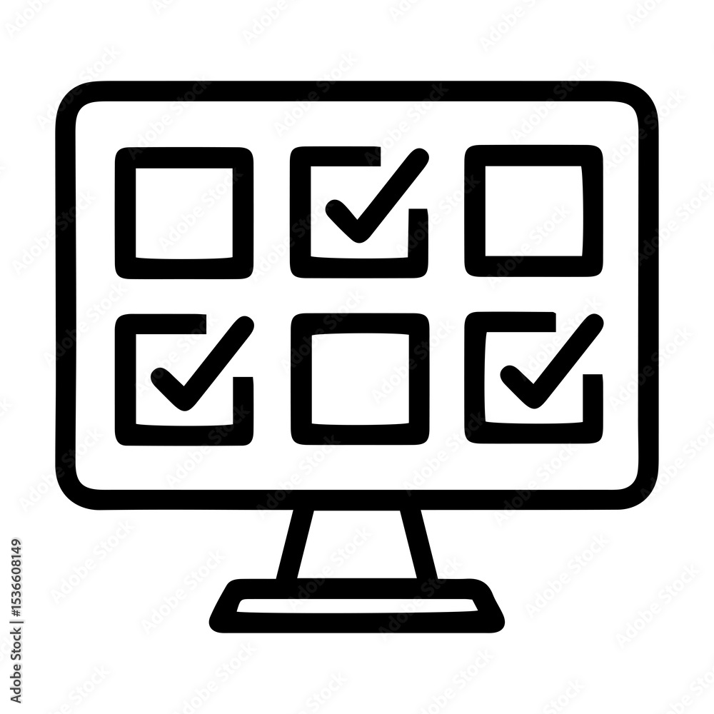 Poster outline style image depicts a desktop computer monitor showing a grid of six square checkboxes, with