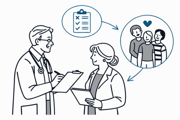 Line Art Icon Set Doctor Patient Consultation Family Healthcare Checkup Clipboard vector