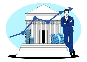 Businessman leaning on a classical government or bank building, symbolizing financial success, banking, investment, or public finance