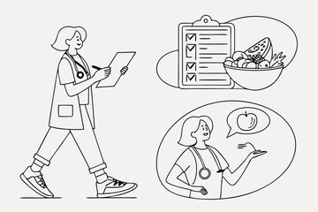 Line Art Set Icon Doctor Patient Healthcare Medical Consultation Wellness Diet Plan Checklist Healthy Eating Apple Fruit Bowl