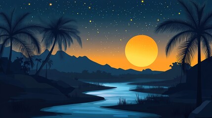 A stylized nighttime tropical landscape featuring a large, orange moon rising behind silhouetted mountains, palm trees, and a winding river flowing through a dark, lush valley under a starry sky