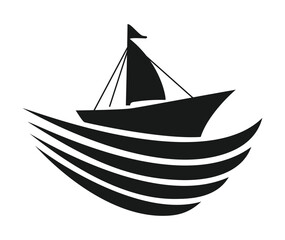 A stylized black silhouette of a sailboat on rolling waves, representing travel, marine themes, adventure, and calm voyages across water