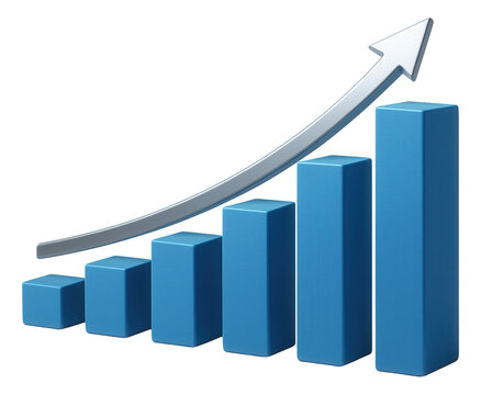A 3D bar graph with blue bars of increasing height and an upward silver arrow indicating growth on transparent background.