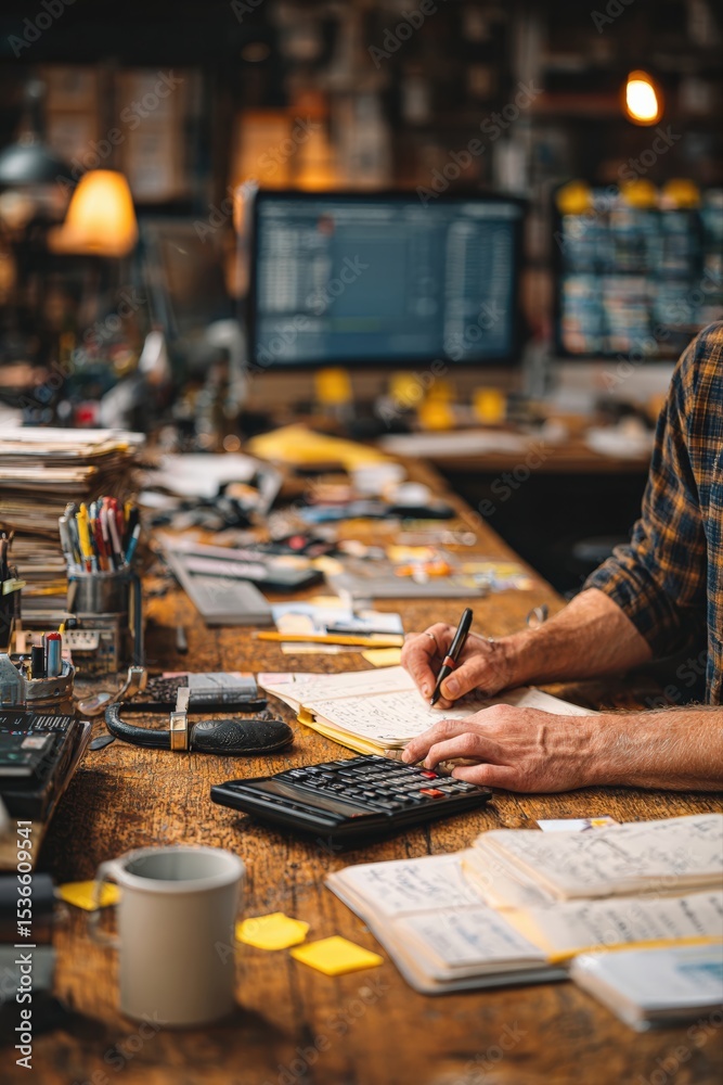 Aufkleber Accountant writing notes and calculating figures while surrounded by paperwork and a cluttered desk in a busy office environment