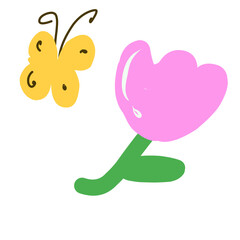 Cute Butterfly and Pink Flower – Hand-Drawn Spring Illustration