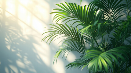 The soft morning light streams through the window, painting graceful shadows of palm leaves on the wall - a living picture of peace and freshness.