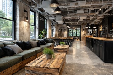 Wide view of a modern open space office in Hong Kong, featuring repurposed wood furniture, exposed pipes and concrete walls, creating an industrial design