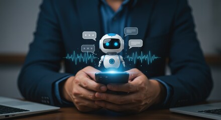 A person uses a smartphone with a chatbot robot and speech bubbles surrounded by waveforms on a wooden desk with laptops