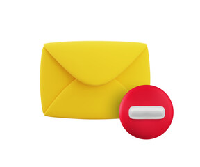 Vector cartoon 3d blocked mail icon. Realistic 3d render of yellow envelope with red circle stop sign. No spam mail sign, forbidden mailing, do not send message notification, restriction sticker.