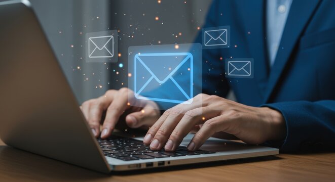 Person types on a laptop with email icons floating above the keyboard