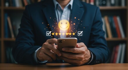 A person in a suit is using a smartphone with a customer satisfaction rating and review displayed above it