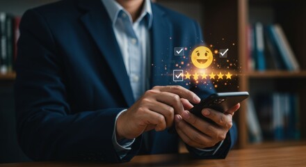 Businessman using smartphone to provide positive feedback with smiling emoji and five star rating