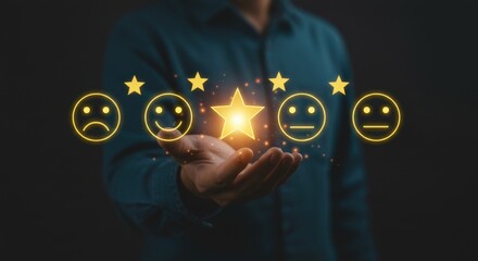 A person holds a glowing star with rating faces and stars floating above their hand