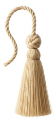 Beige decorative tassel with twisted cord and fringe detailing on transparent background.
