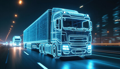 Futuristic truck on highway, data stream in background. Digital technology, information flow in cyberspace. Autonomous transport, logistics network, modern vehicle, smart city concept, innovation.