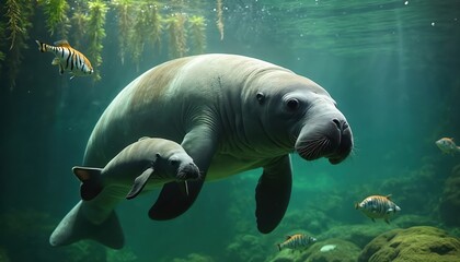 Adult manatee swims alongside baby inside aquarium. Aquatic mammals near coral reef. Mother and baby manatees, marine life, sea cow. Tropical nature, underwater world. Fresh water environment.